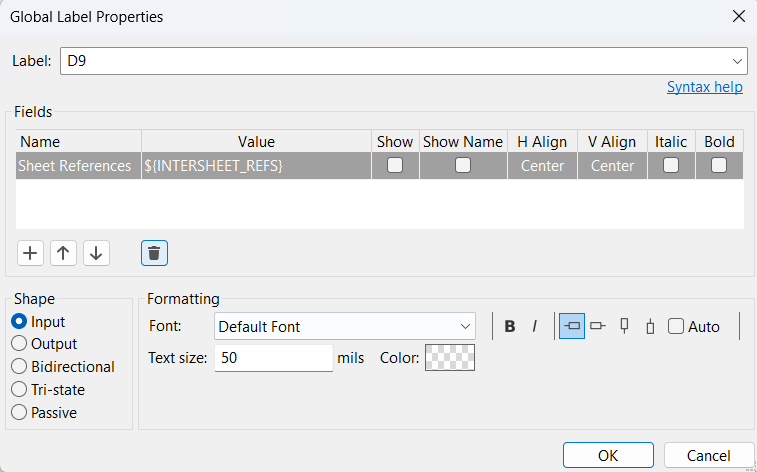 Global label properties window used to name and classify a connection.