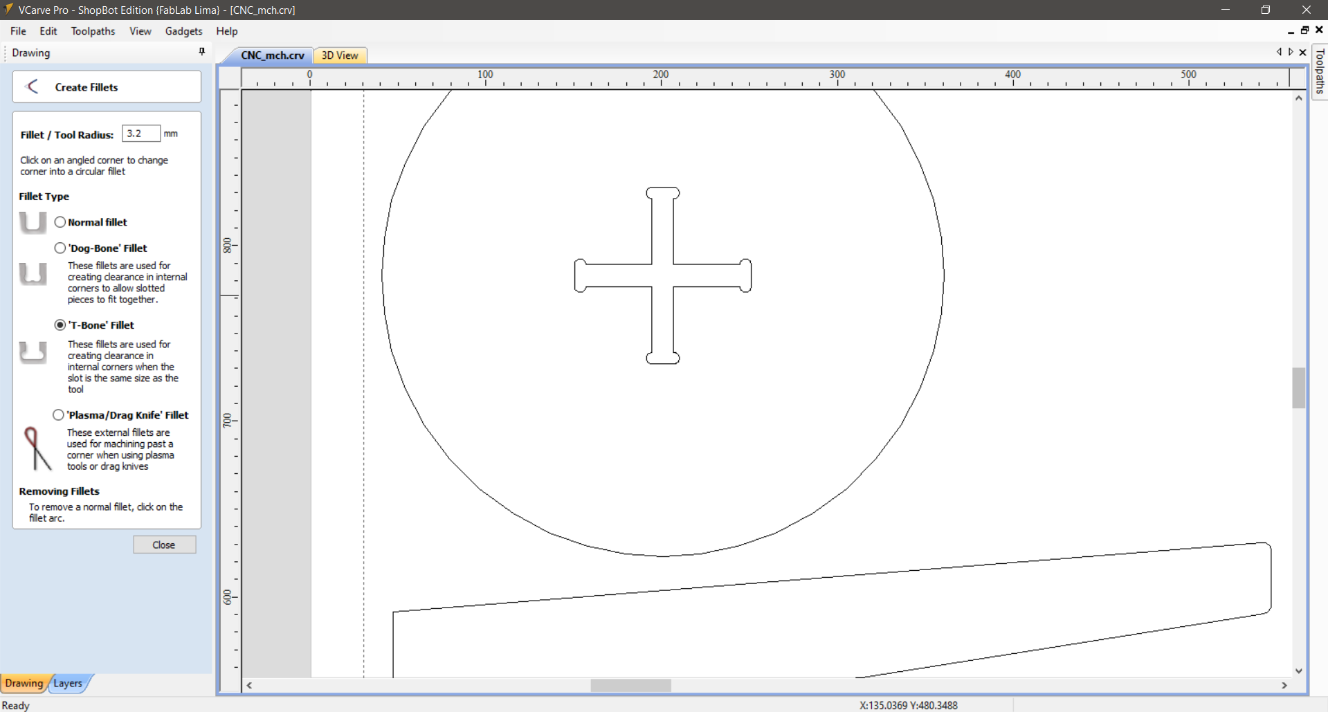 VCarve Pro — T-Bone Fillet dialog applied to the cross-slot on the bench top