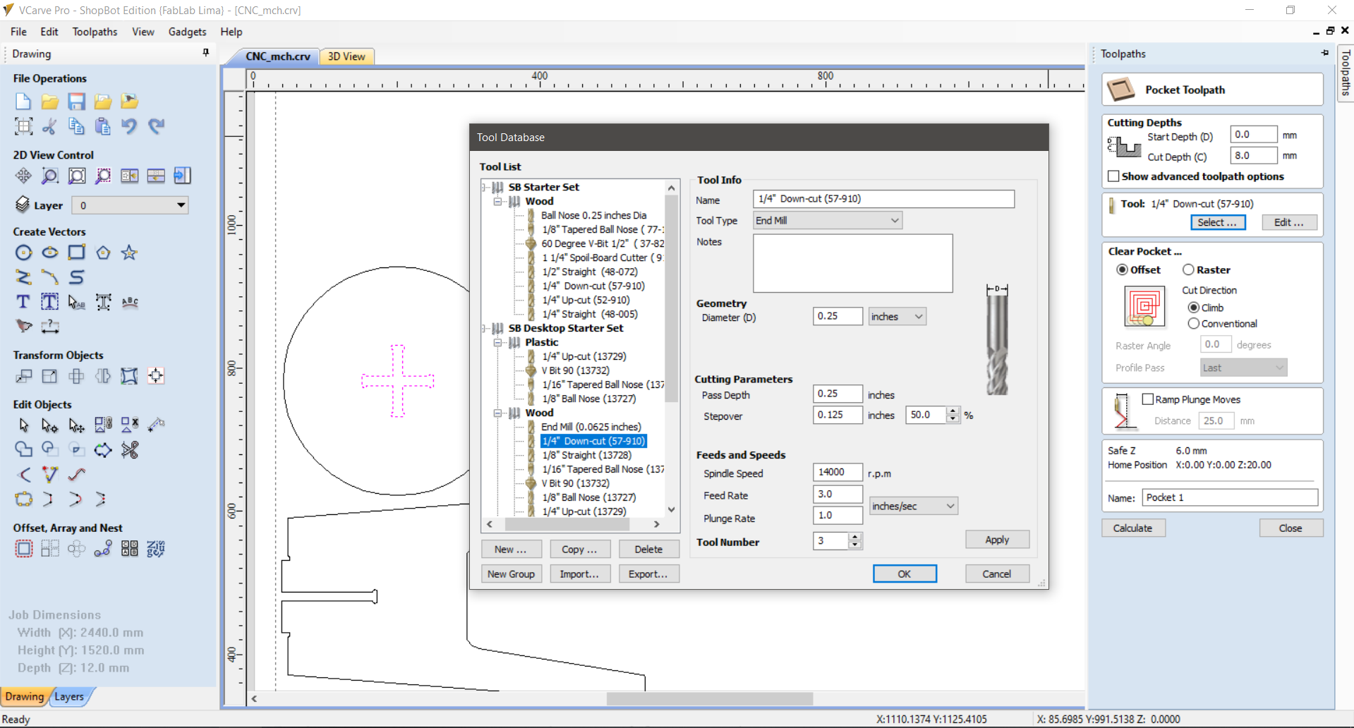 VCarve Pro — Tool Database showing the 1/4 Down-cut end mill selected for the Pocket toolpath