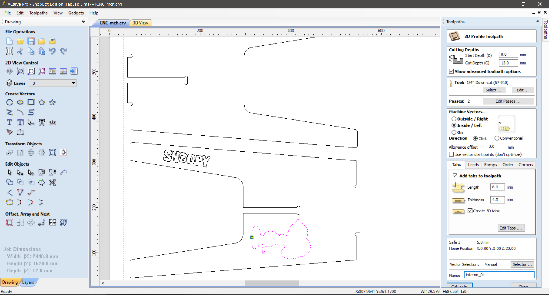 VCarve Pro — Inside Profile toolpath assigned to the Snoopy silhouette vector, tab settings visible