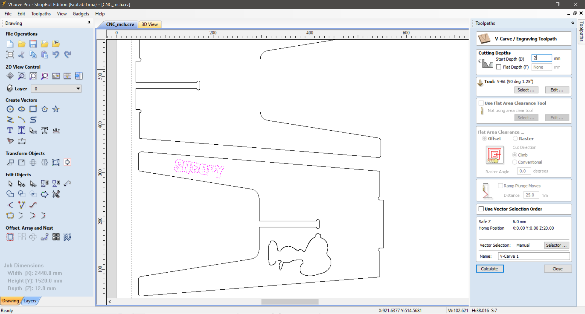 VCarve Pro — V-Carve toolpath assigned to the Snoopy illustration on the top panel