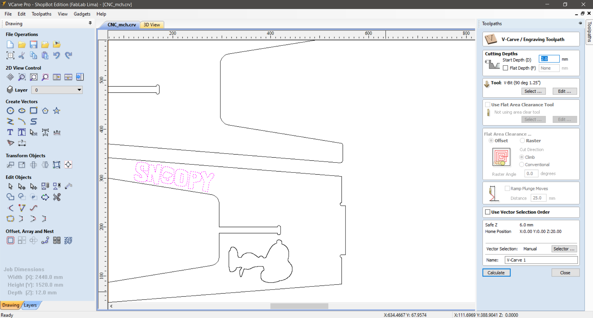 VCarve Pro — V-Carve toolpath assigned to the SNOOPY text on the side panel