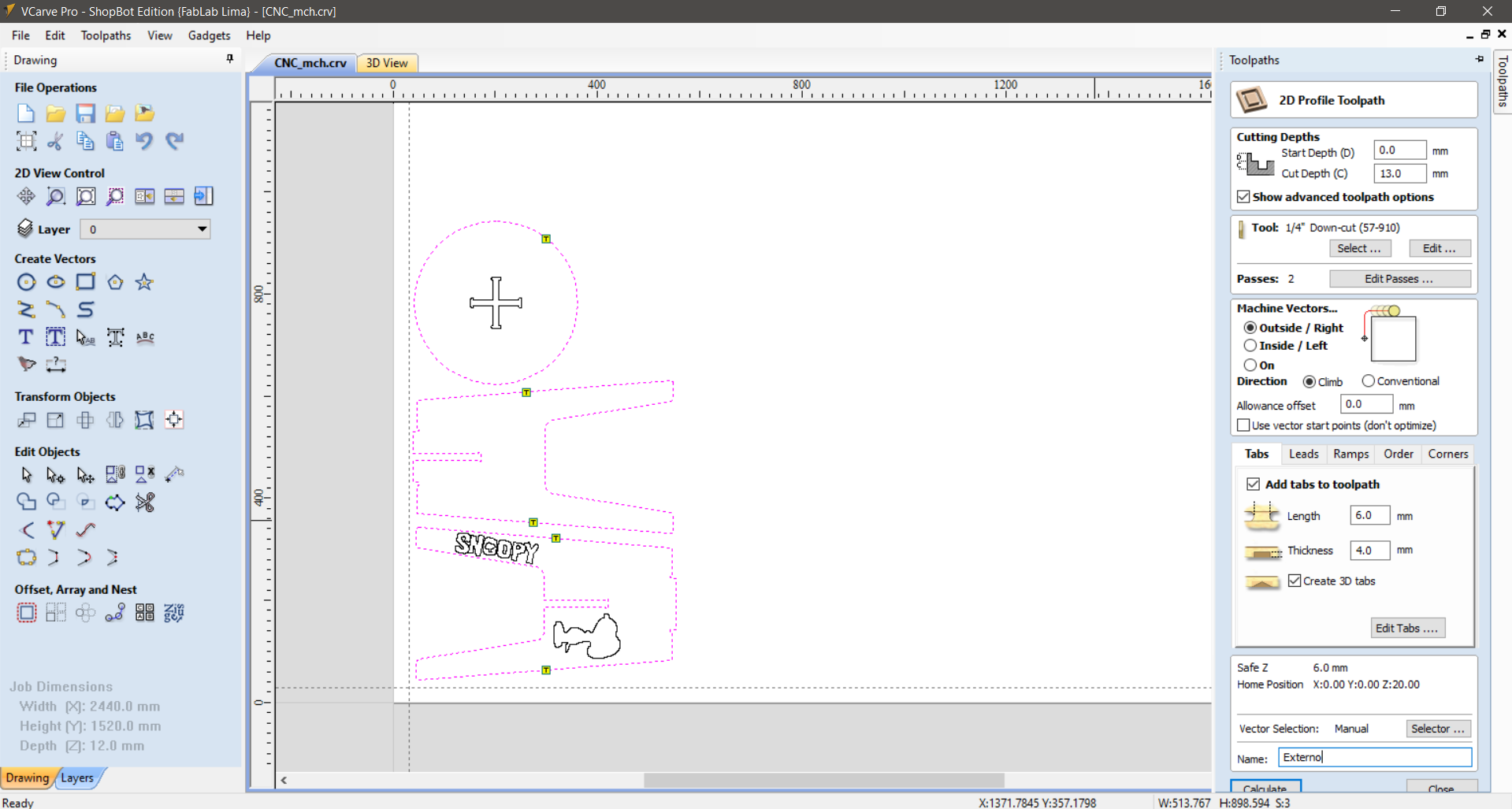 VCarve Pro — Outside Profile toolpath selected for all outer perimeters, shown in pink dashes