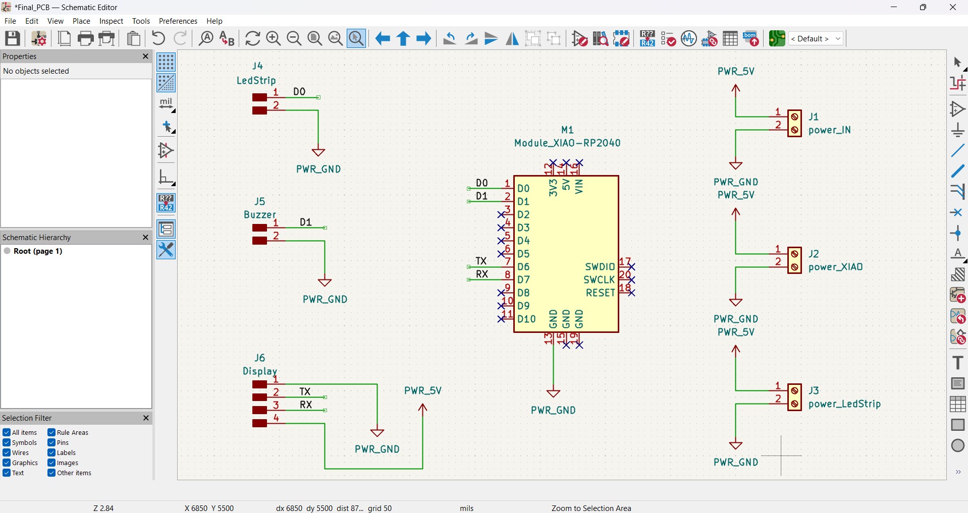 KiCad Schematic Editor — pitch timer Final_PCB schematic with XIAO RP2040 and all connectors