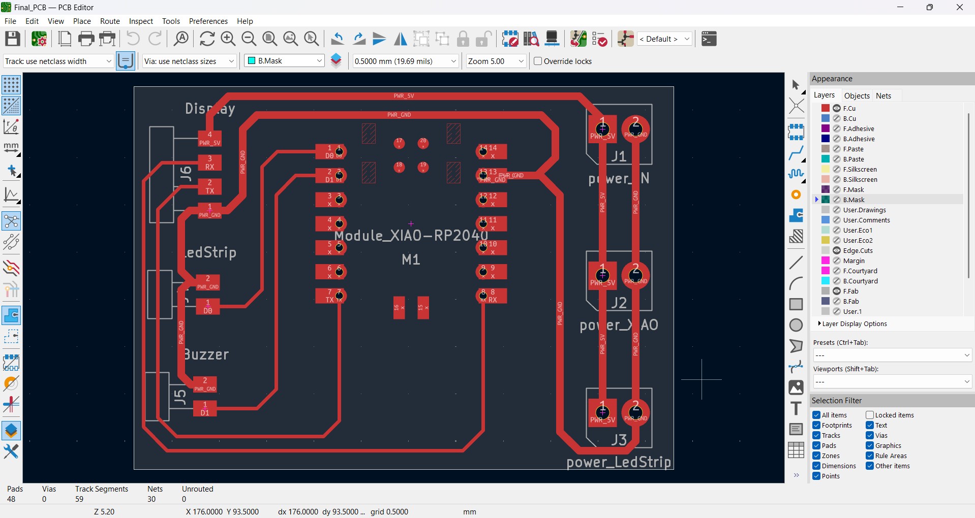 KiCad PCB Editor — Final_PCB routed layout, board dimensions 57 x 40.51 mm