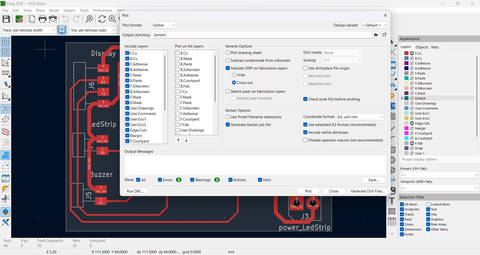 KiCad PCB Editor — Plot dialog with all layers selected for Gerber export