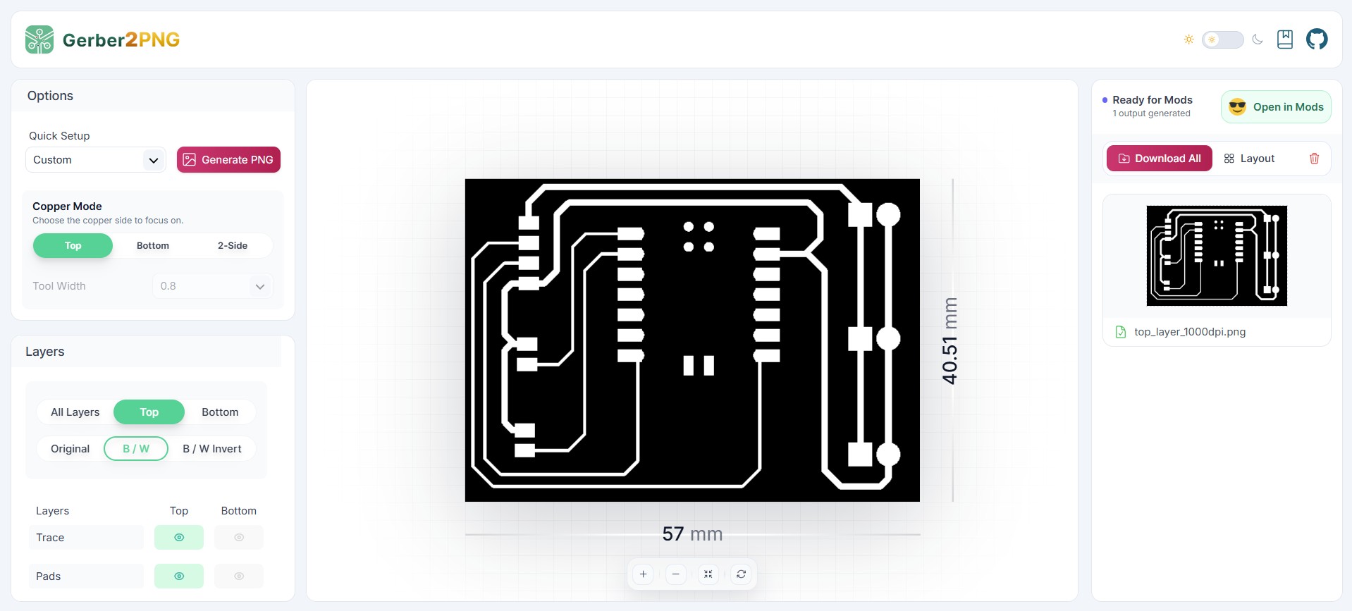 Gerber2PNG — B/W Invert mode: white traces on black background, ready for Mods
