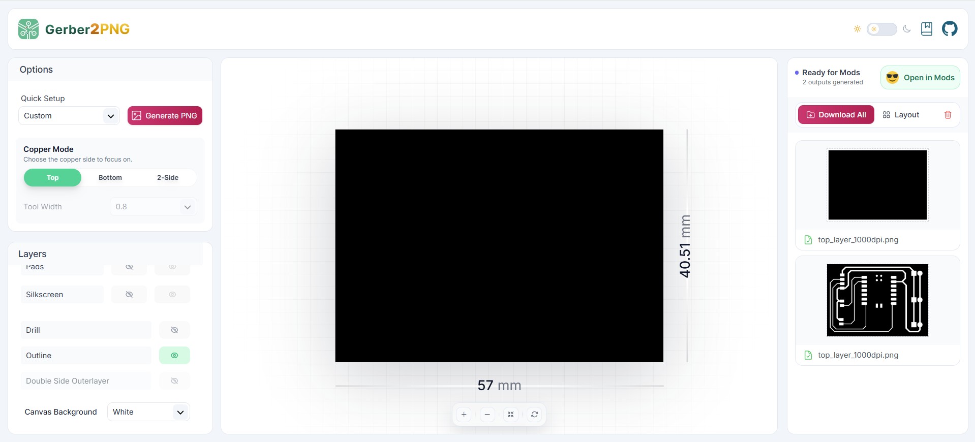 Gerber2PNG — Outline layer only, black board perimeter on white background