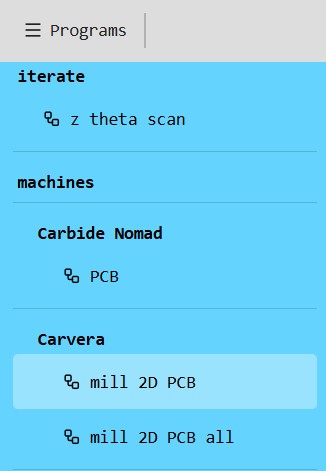 Mods — Programs panel showing Carvera / mill 2D PCB selected