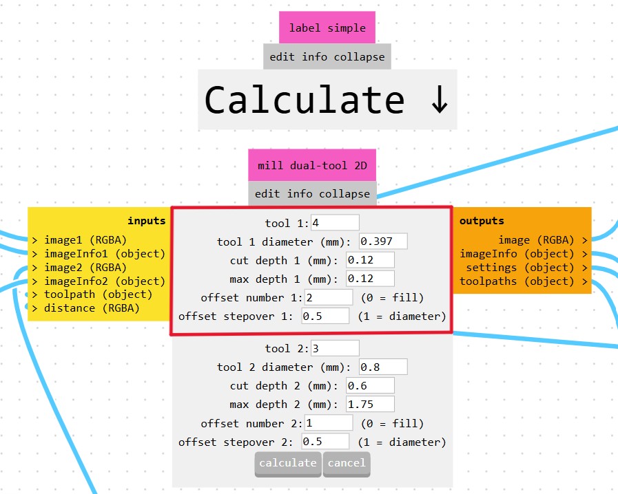 Mods Calculate block — Tool 1 settings: diameter 0.397 mm, cut depth 0.12 mm, offset number 2
