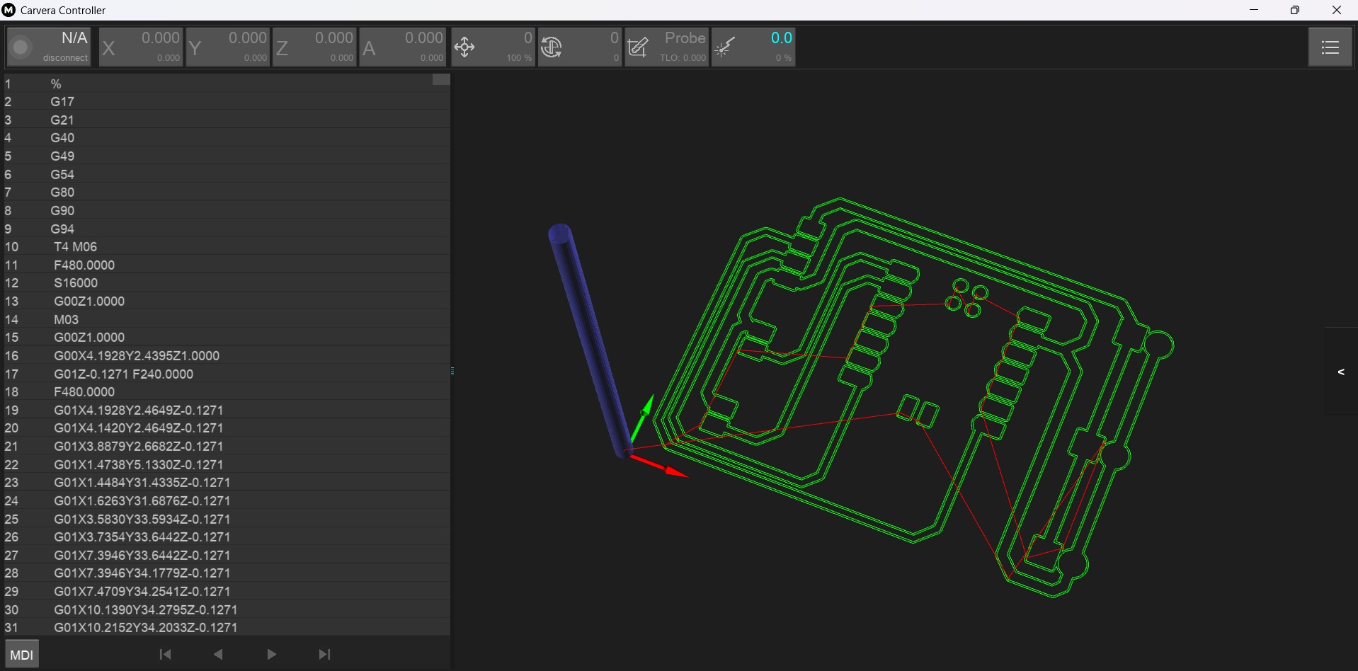 Carvera Controller — traces NC loaded, green isolation toolpath preview and G-code listing