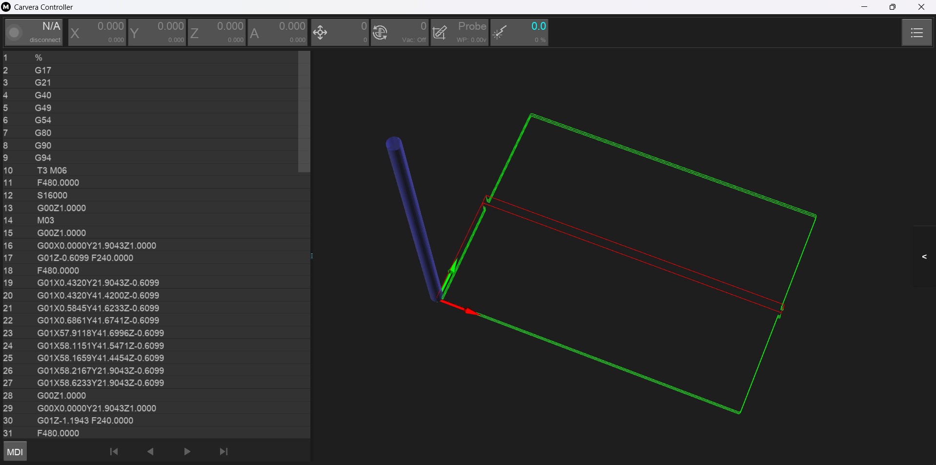 Carvera Controller — outline NC loaded, blue perimeter toolpath preview