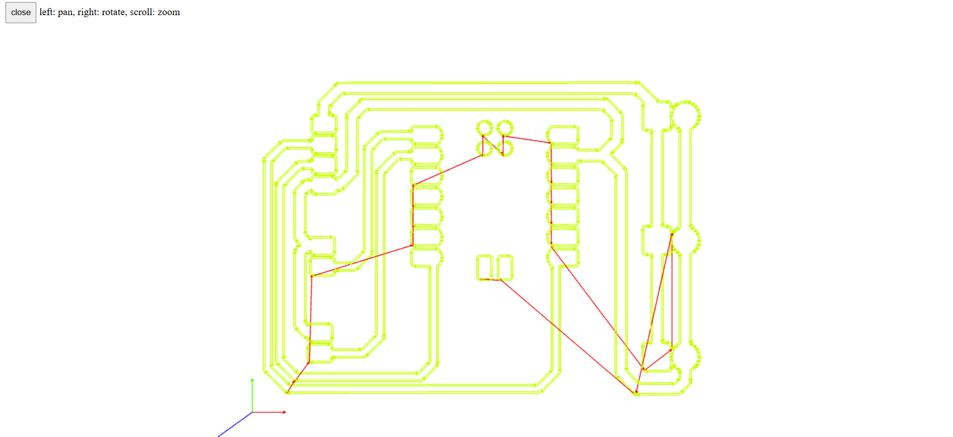 Mods 3D toolpath preview — traces isolation passes shown in yellow-green
