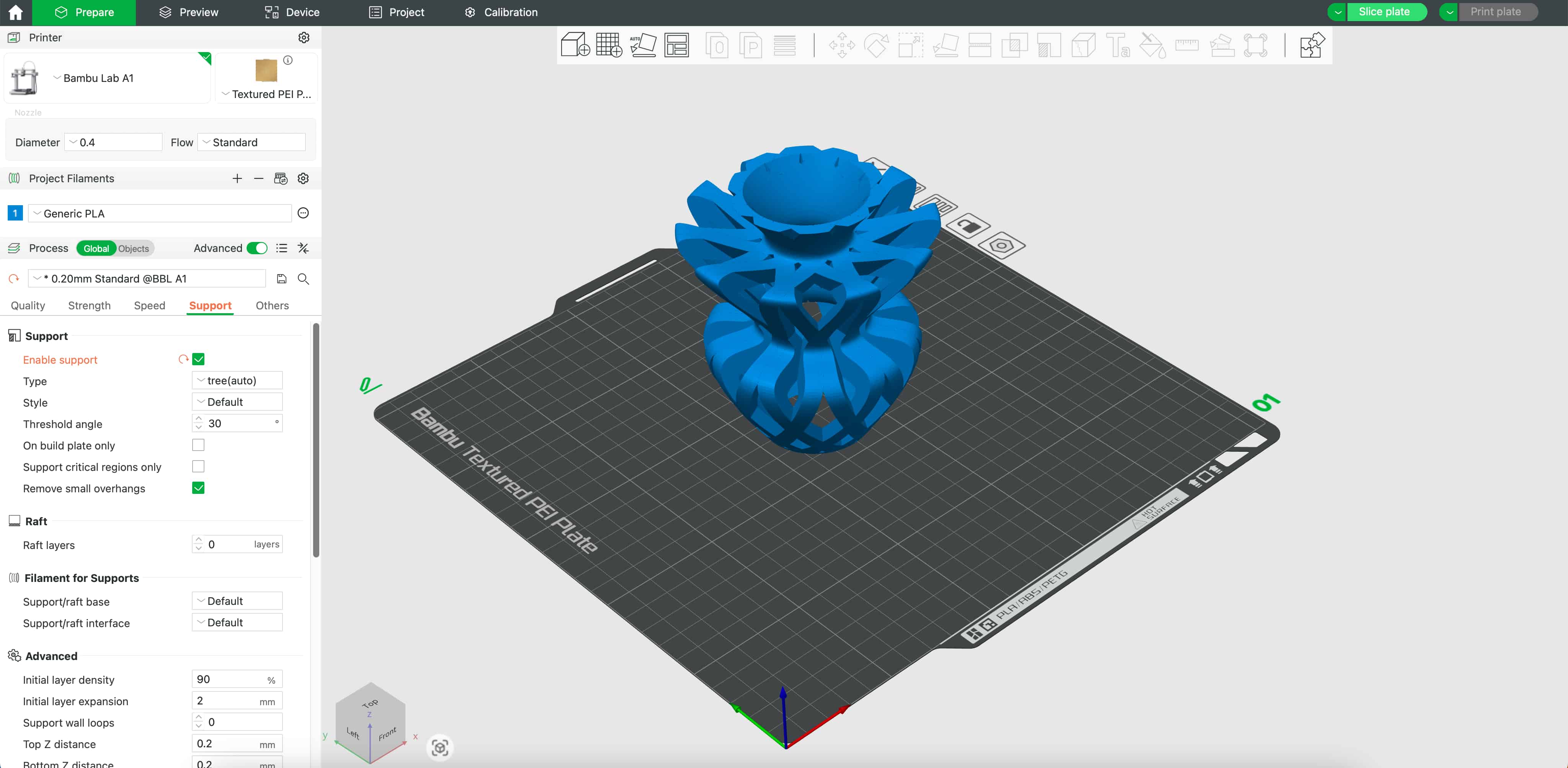 Bambu Studio support settings and model on build plate