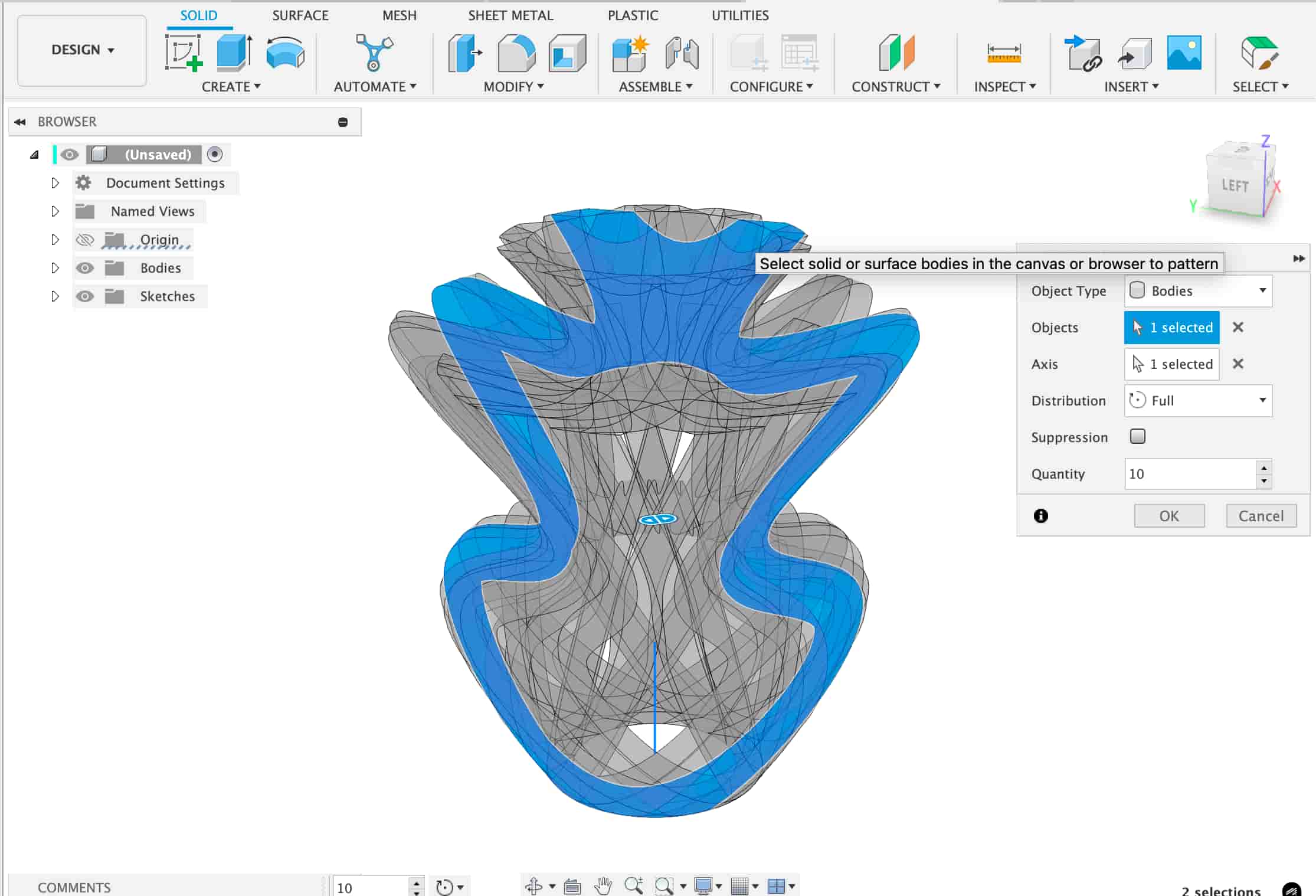 Circular pattern dialog with cutout feature selected