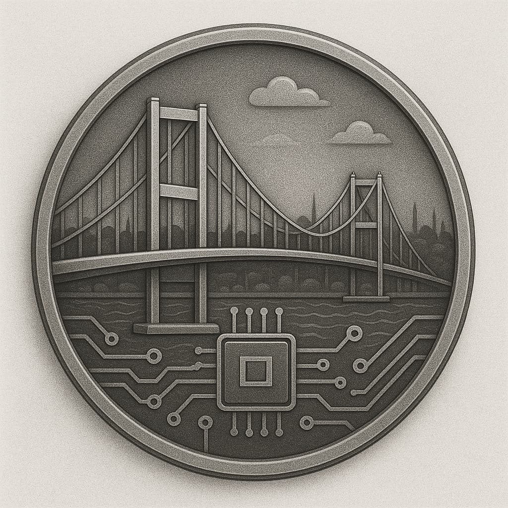 AI-generated coin design showing bridge and circuit