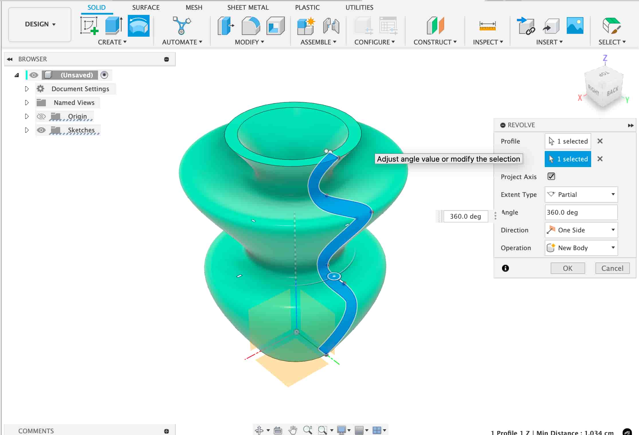 Revolve operation dialog and result