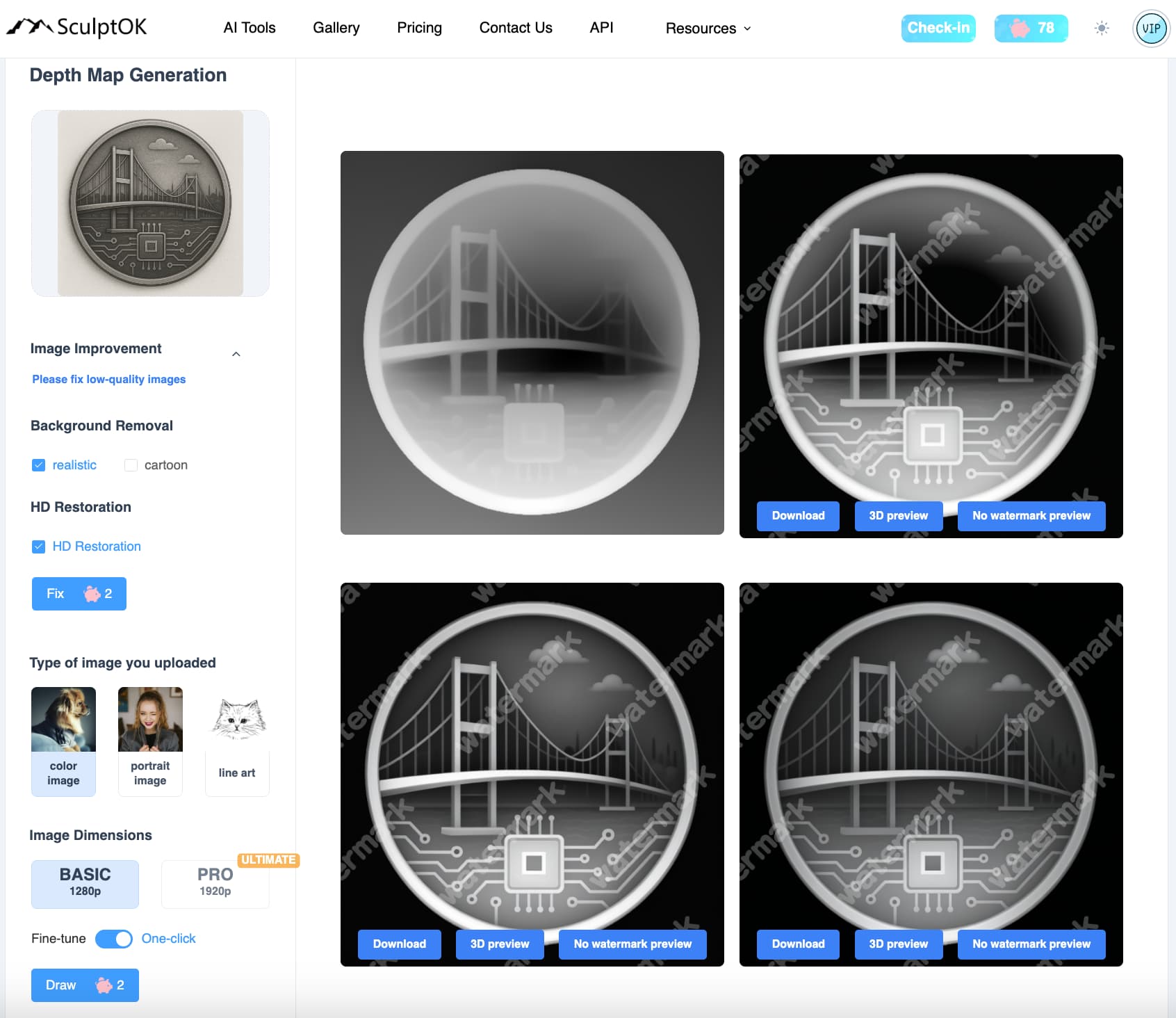 SculptOK interface showing depth map generation