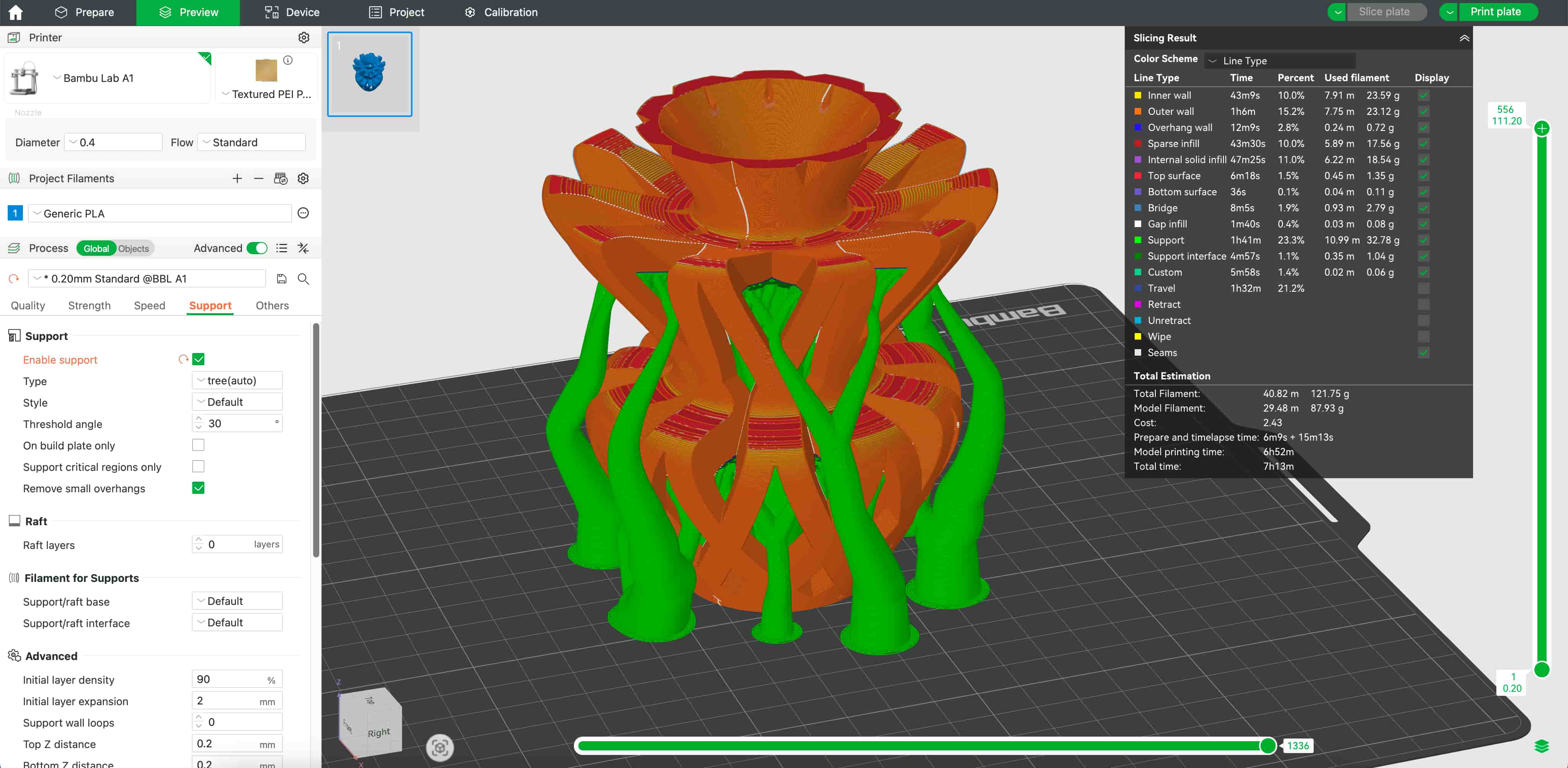 Slicing result showing support and travel paths