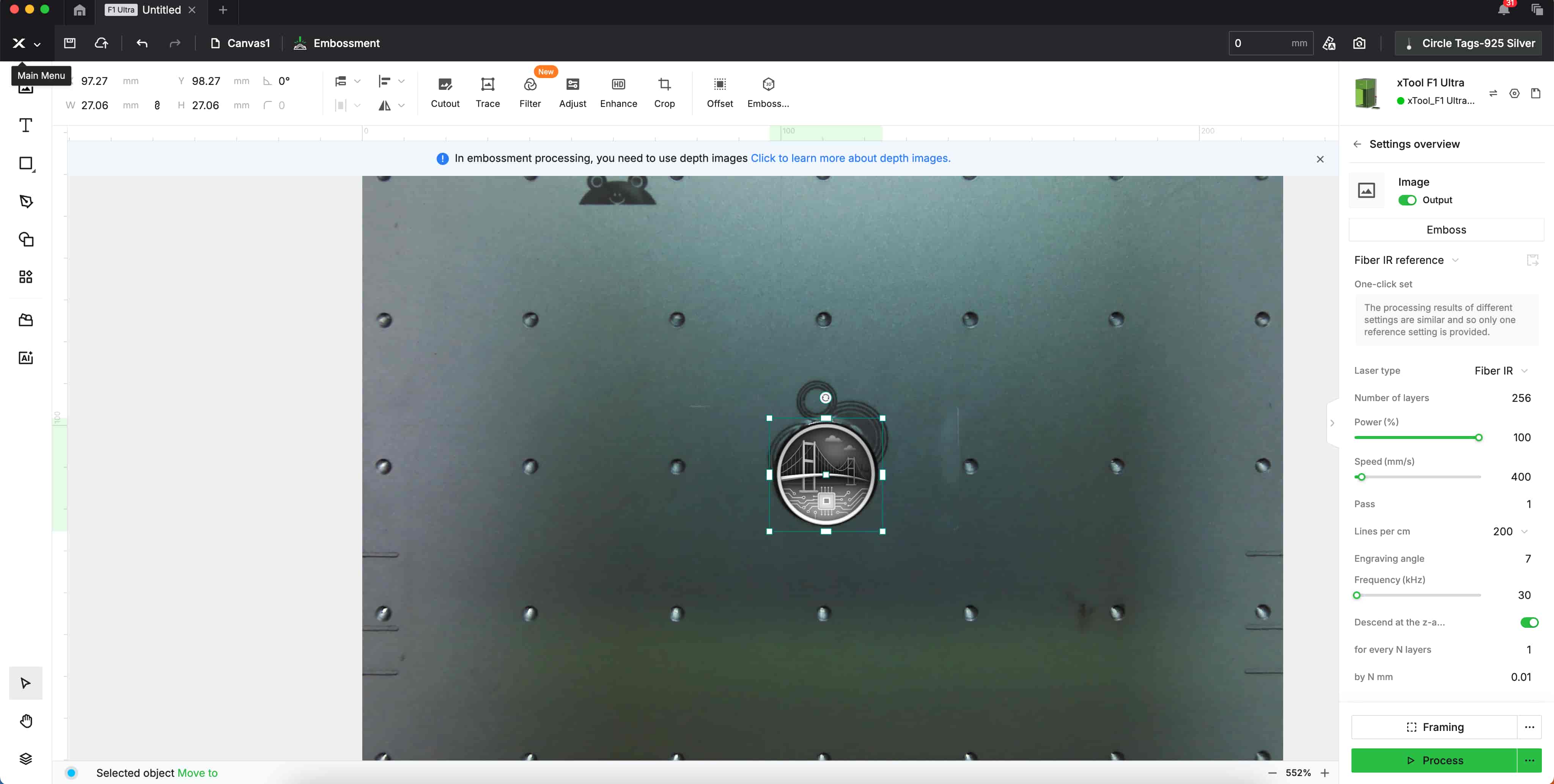 Embossing settings in xTool software