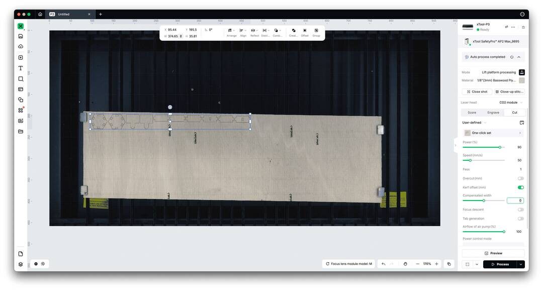 Cutting parameters in xTool Studio.