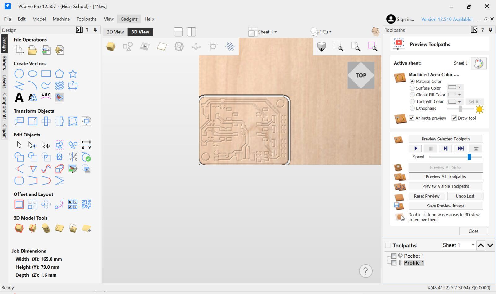 Toolpath preview in Vcarve
