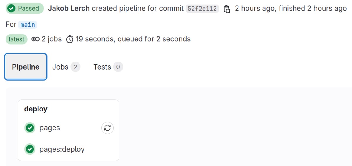 screenshot of GitLab showing that the CI Pipeline run successfully