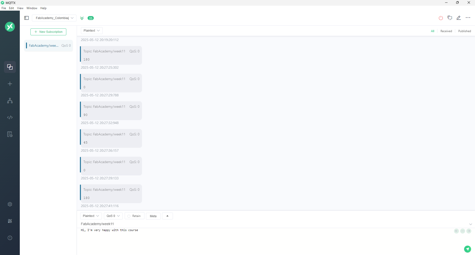 MQTT broker interface showing published angle values