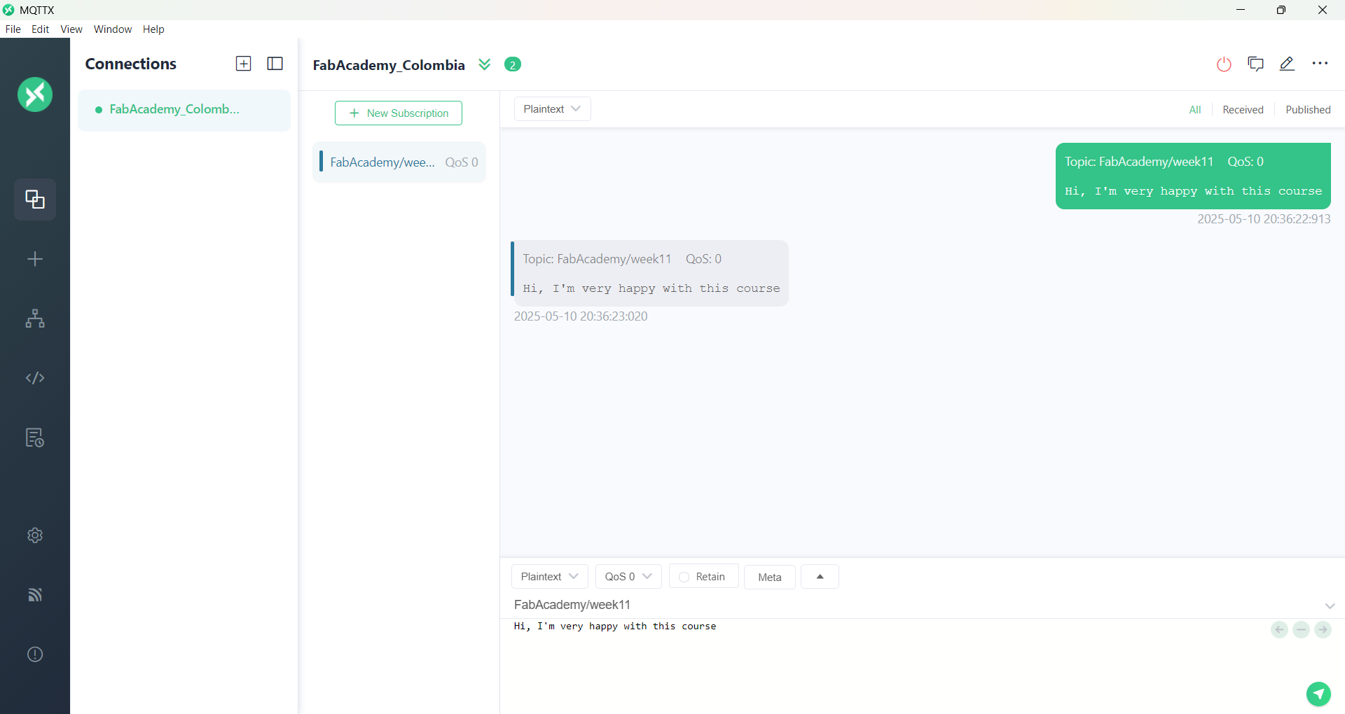 MQTTX publish and subscribe interface