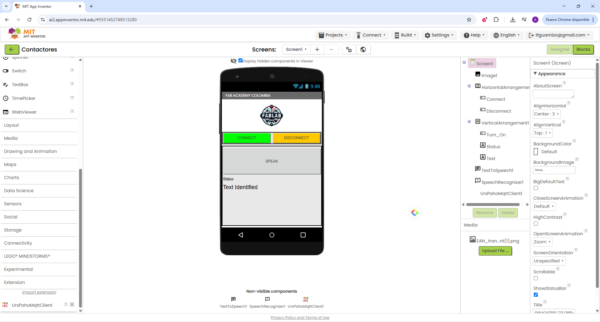 App Inventor screen showing Connect, Disconnect, and Voice Input buttons