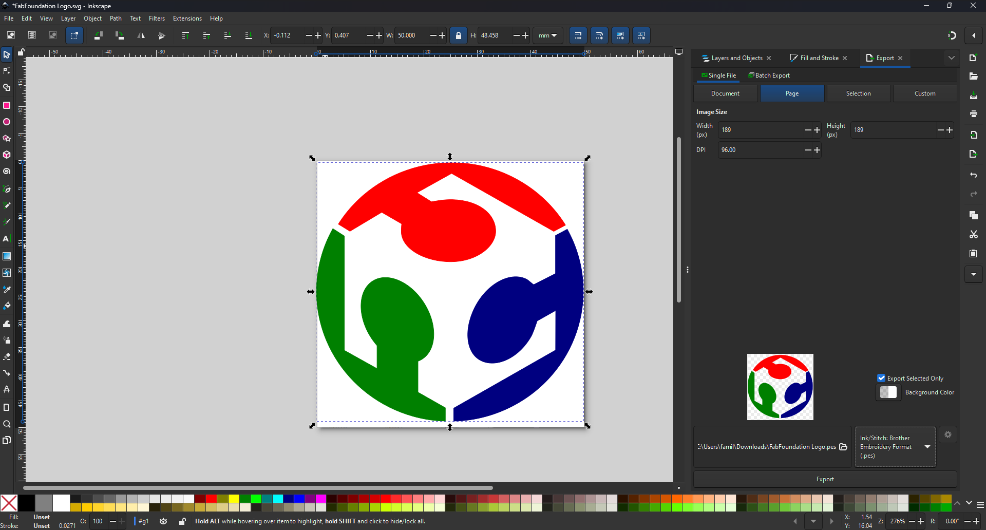 Exporting design to PES format with Ink/Stitch