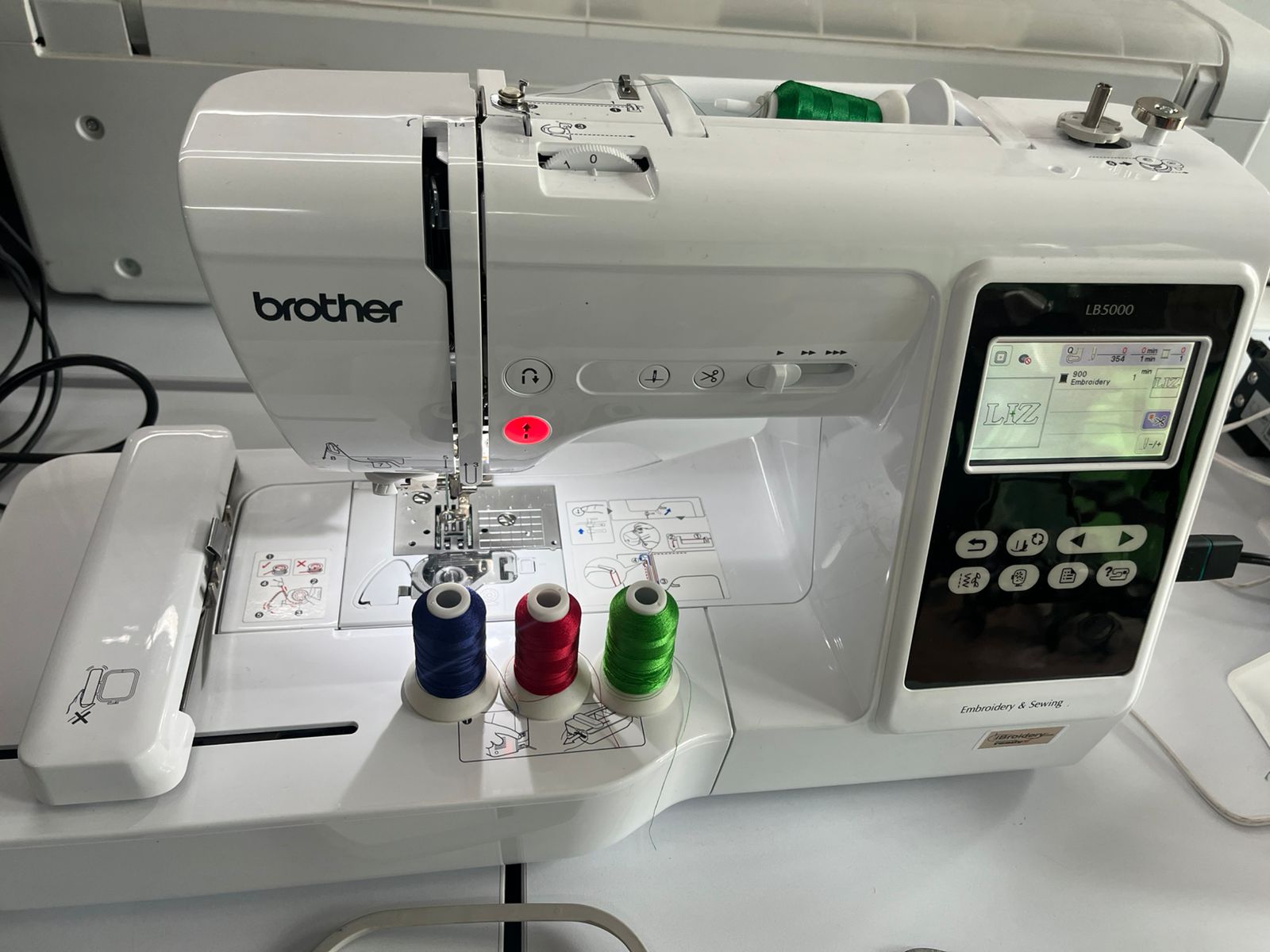 Brother LB5000 embroidery machine and accessories ready for use