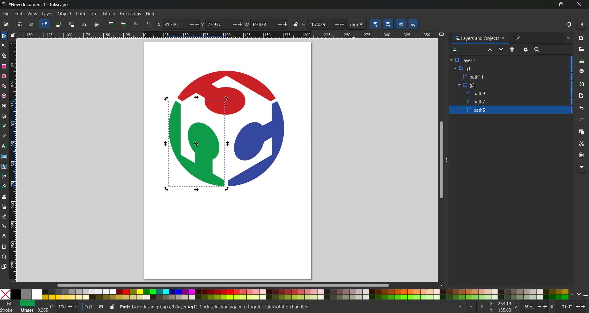 Objects panel showing three color paths in Inkscape