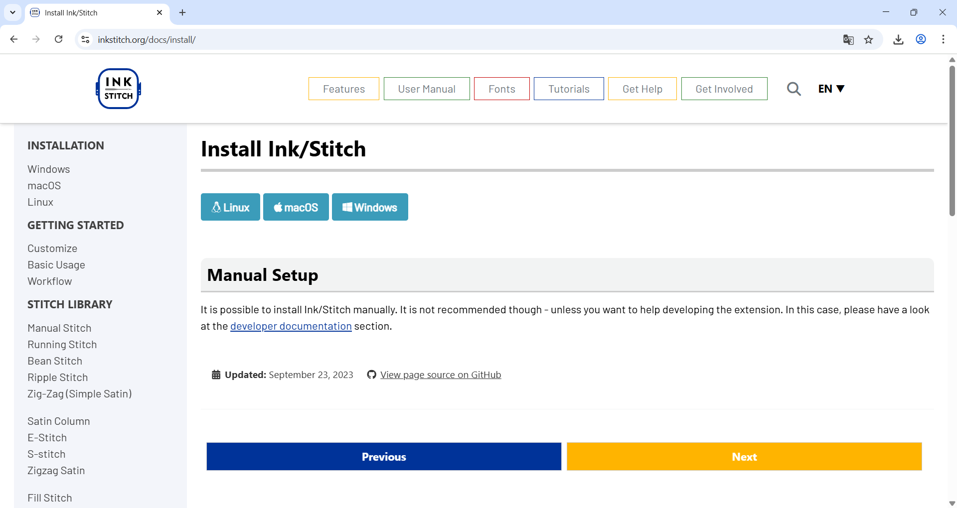 Selecting operating system and downloading Ink/Stitch