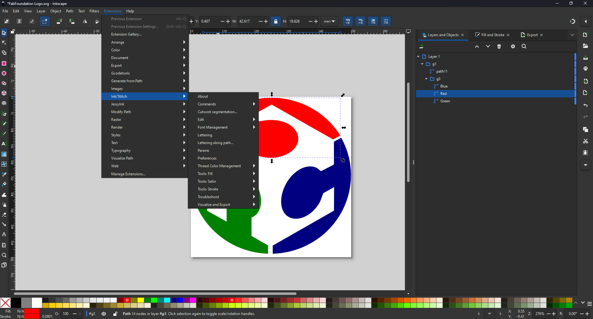 Restarting Inkscape after installing Ink/Stitch