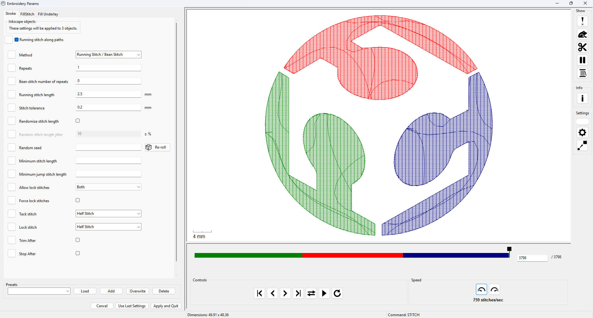 Ink/Stitch Params menu for adjusting embroidery settings