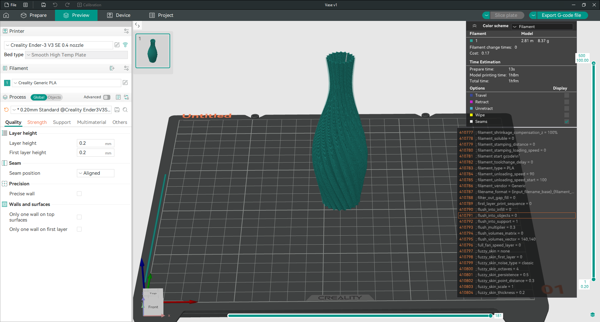 Orca Slicer preview with Benchy model and settings