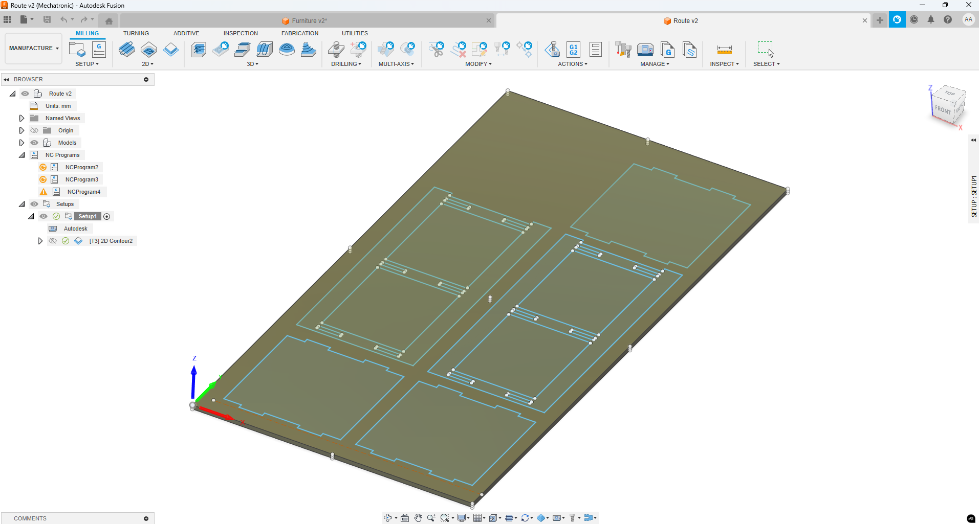 Fusion 360 stock defined and furniture outlines projected