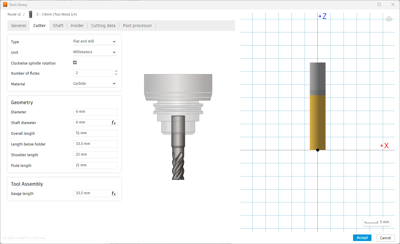 Fusion 360 Cutter tab showing 6 mm flat endmill geometry