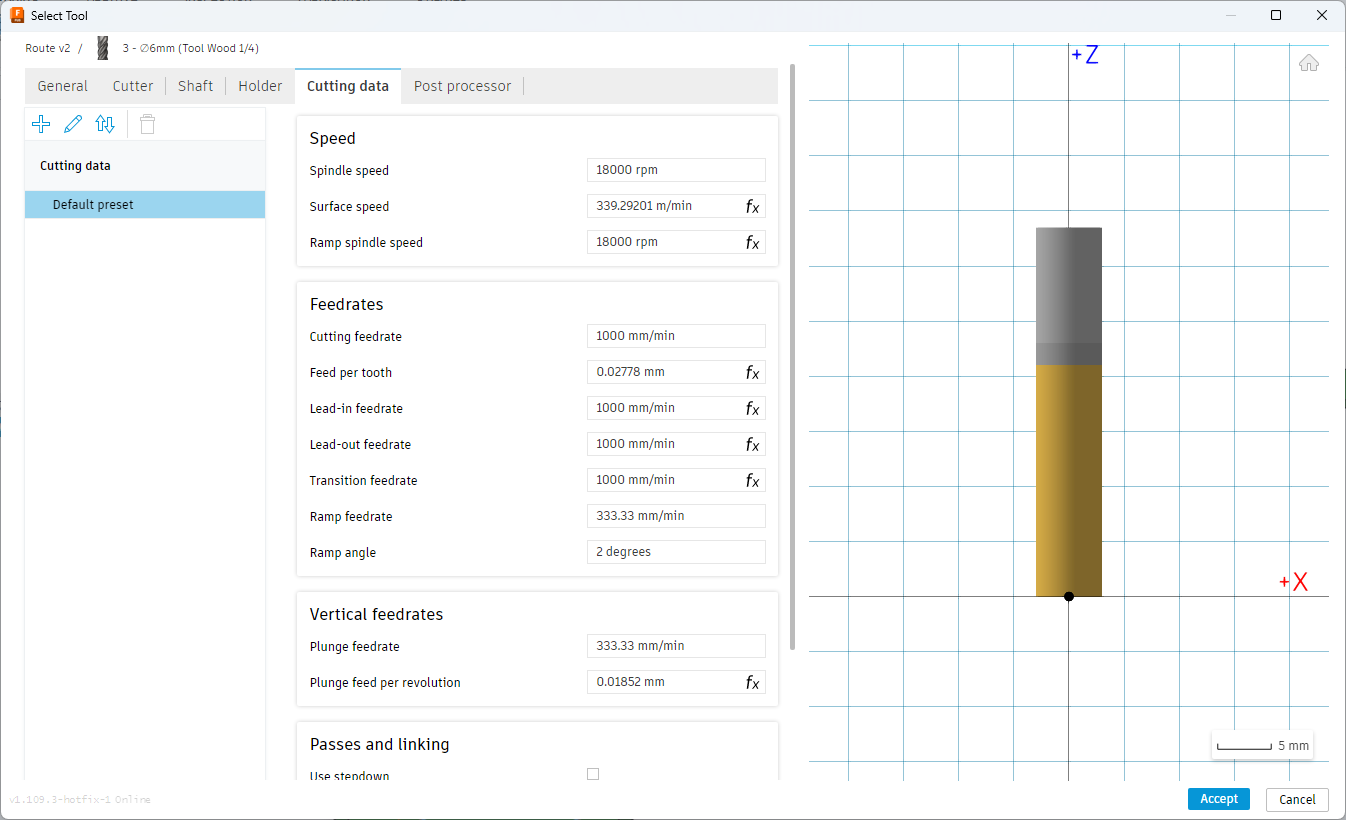 Fusion 360 Cutting Data tab showing speeds and feeds