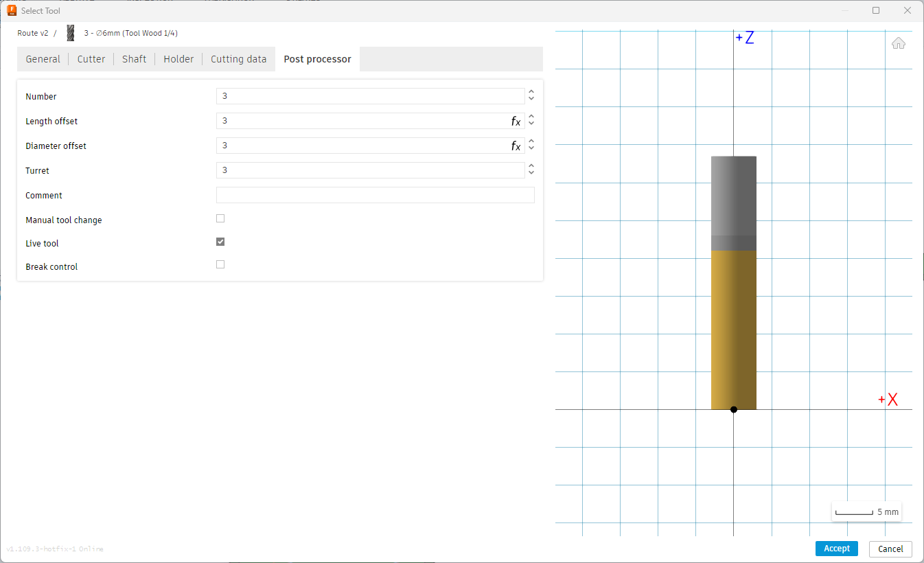 Fusion 360 Post-processor tab showing tool number and offsets