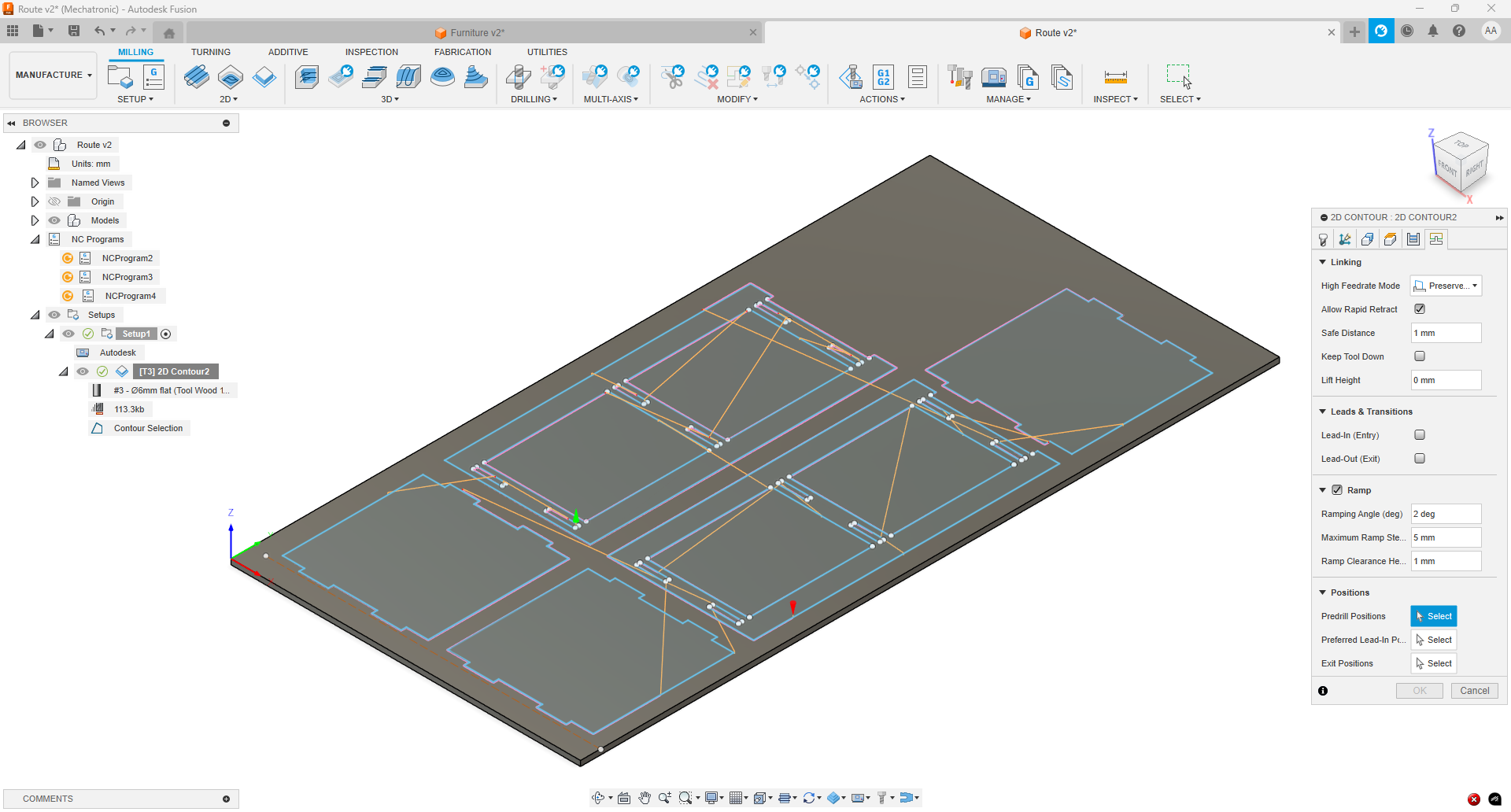 Fusion 360 Linking tab with ramp entry settings