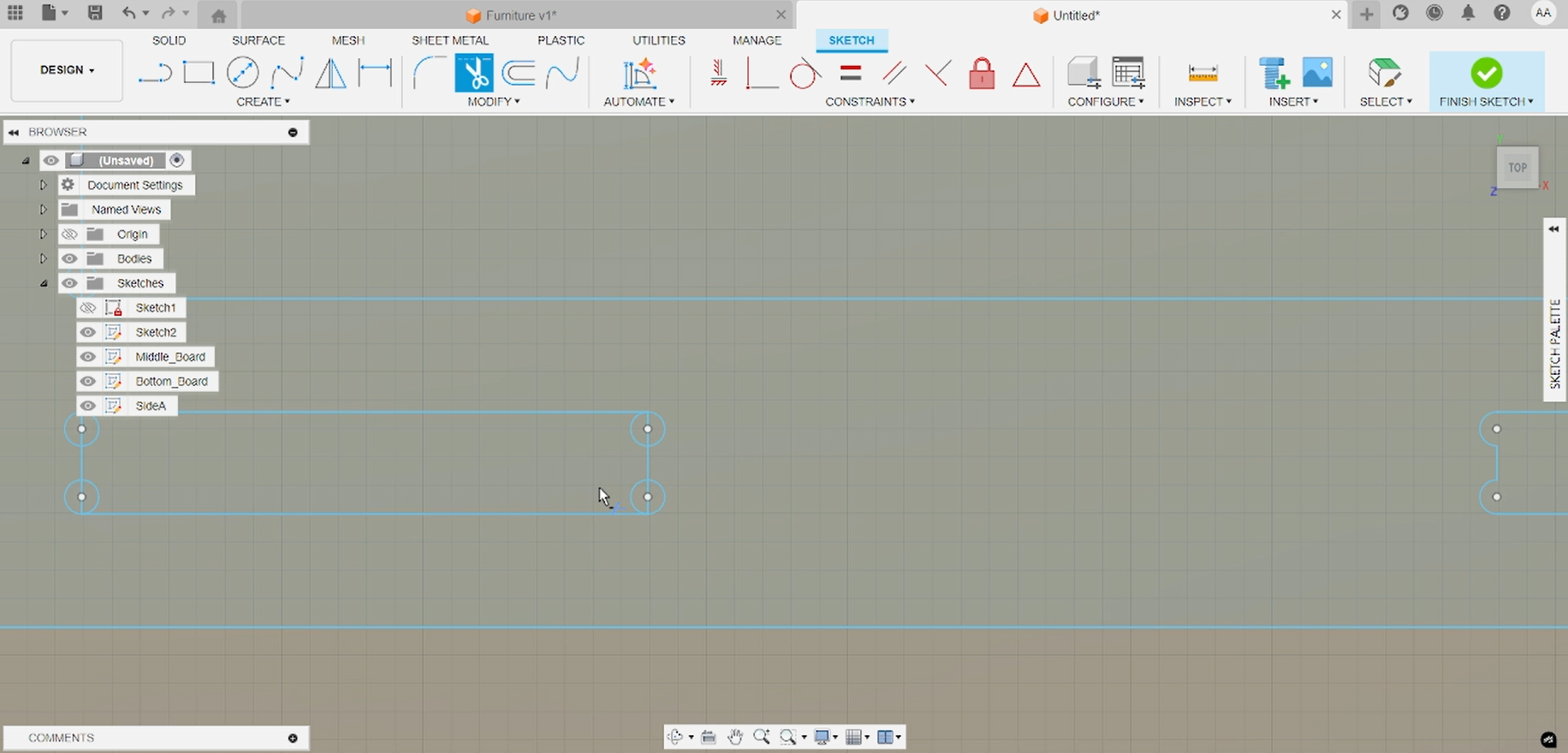 Sketch circles and trimmed lines for dog-bone relief in Fusion 360
