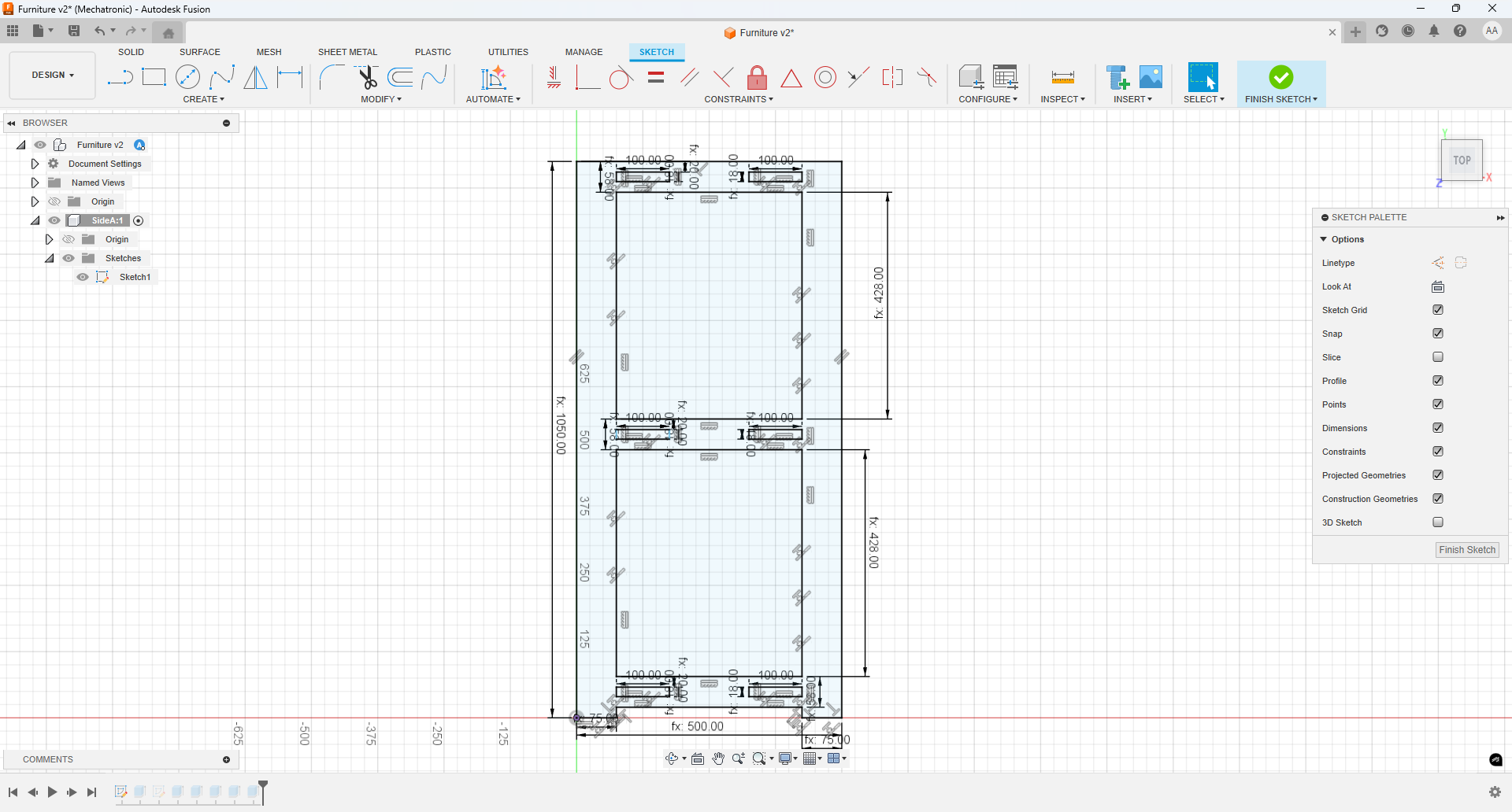 Fusion 360 sketch of the side panel with all dimensions