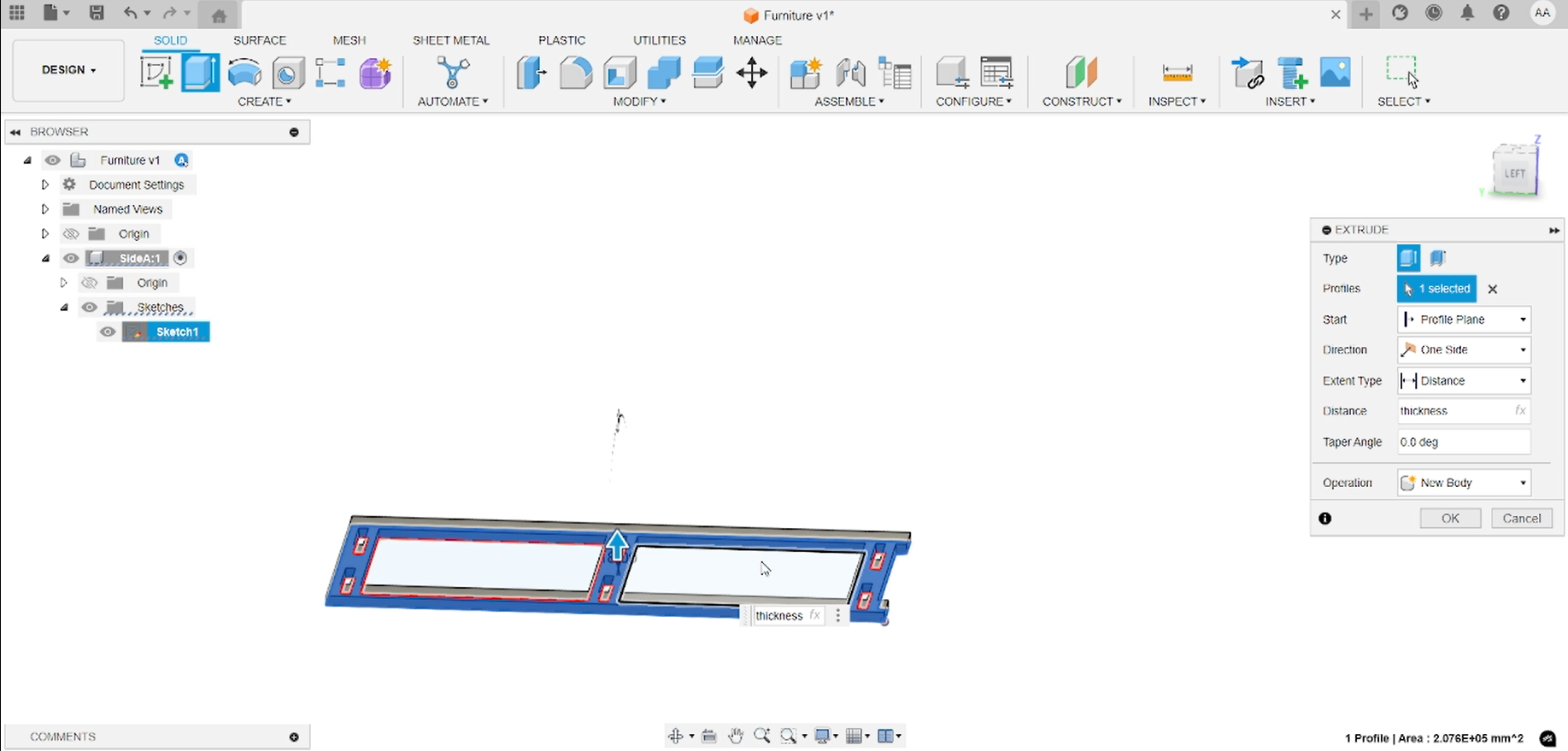 Fusion 360 extrusion of side panel to 18 mm thickness