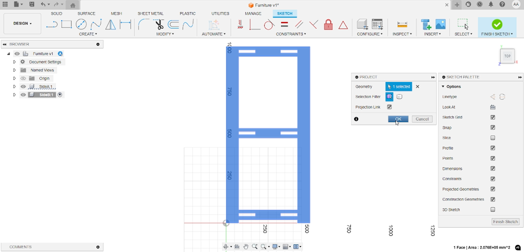 Fusion 360 projecting Panel A geometry into Panel B sketch