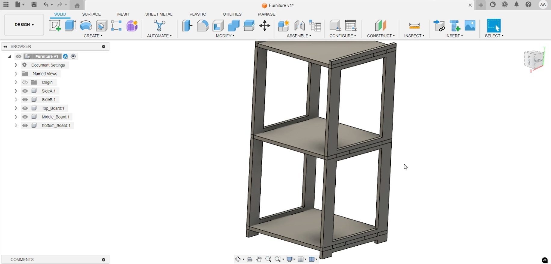 Fusion 360 showing middle and lower shelf components placed between side panels