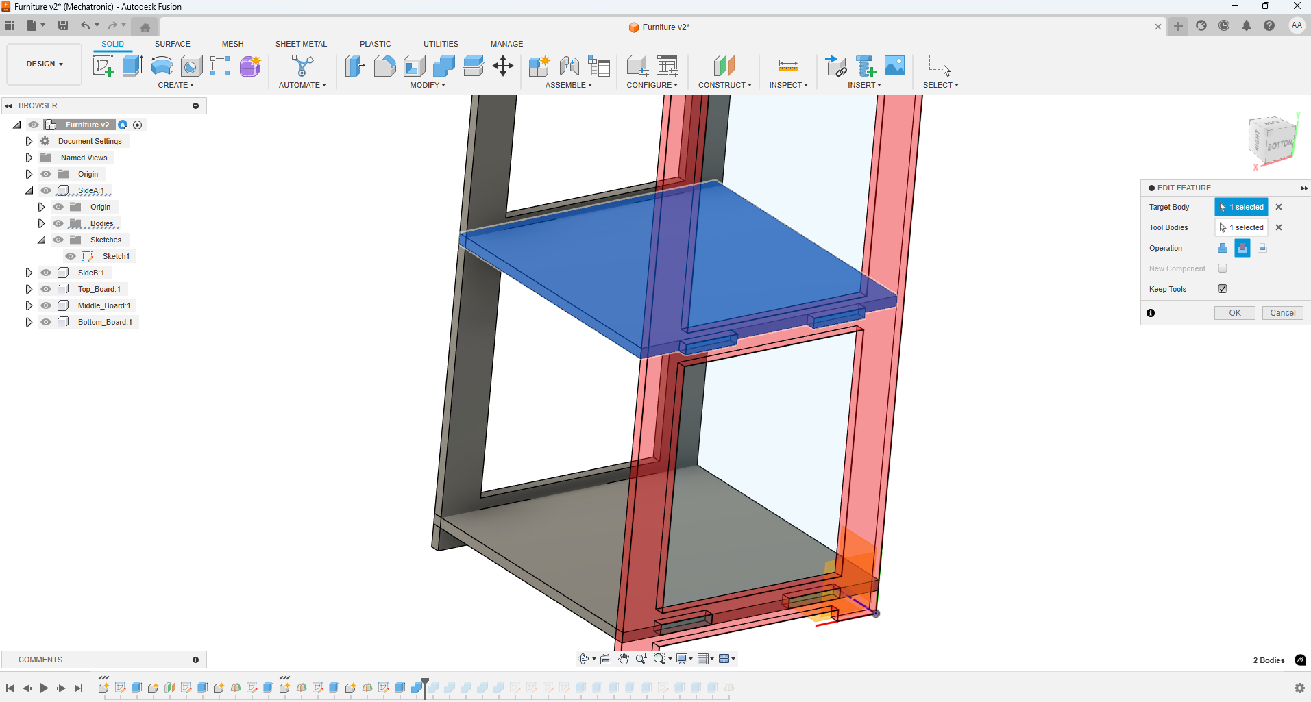 Fusion 360 Combine operation to cut shelf tabs using side panel bodies
