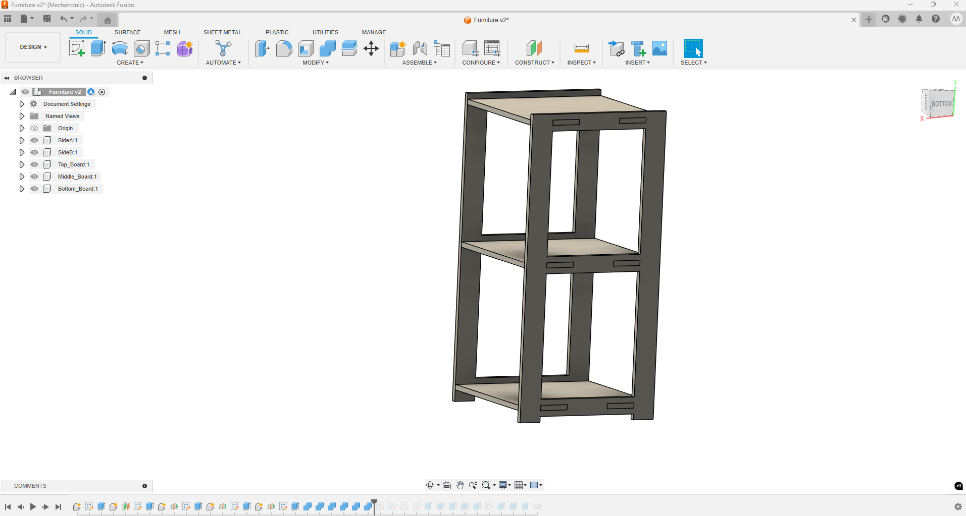 Final Fusion 360 assembly showing shelves integrated into side panels