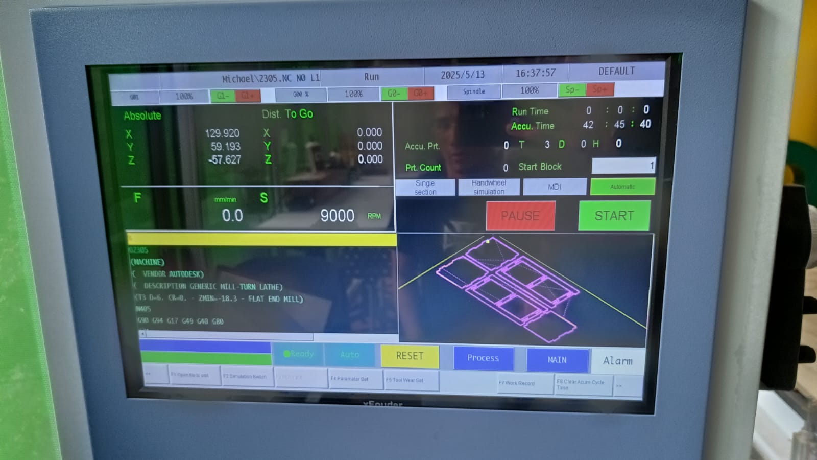 CNC machine ready for cutting with reference points set and G-code loaded